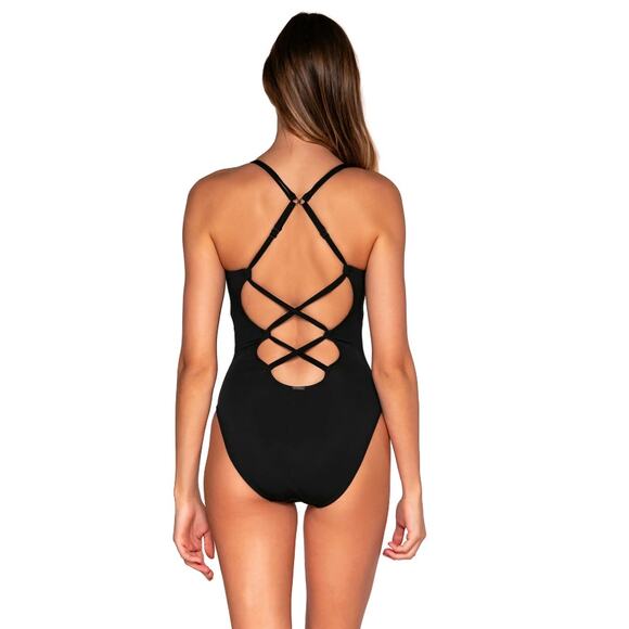SUNSETS Women's Veronica One Piece Swimsuit Large Black Criss-Cross Back NWT - Picture 3 of 11